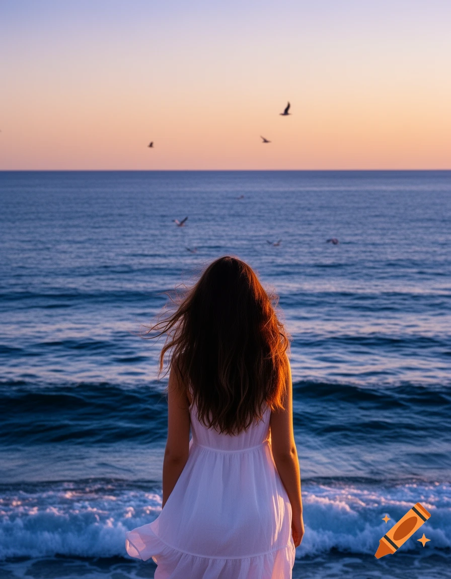 A woman with long hair in a white dress stands with her back to the viewer, looking at the ocean during sunset.