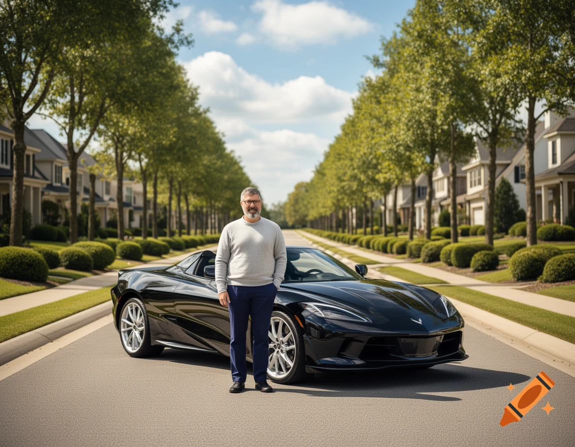 A man in a gray sweater and blue pants stands proudly beside a black sports car on a tree-lined suburban street.