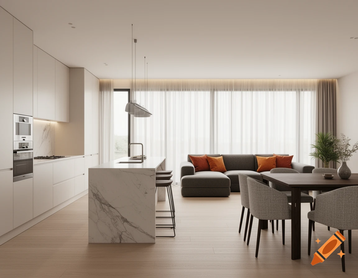 A modern open-plan living space featuring a white kitchen, a marble island with stools, a grey sectional sofa with orange pillows, and a wooden dining table with chairs.