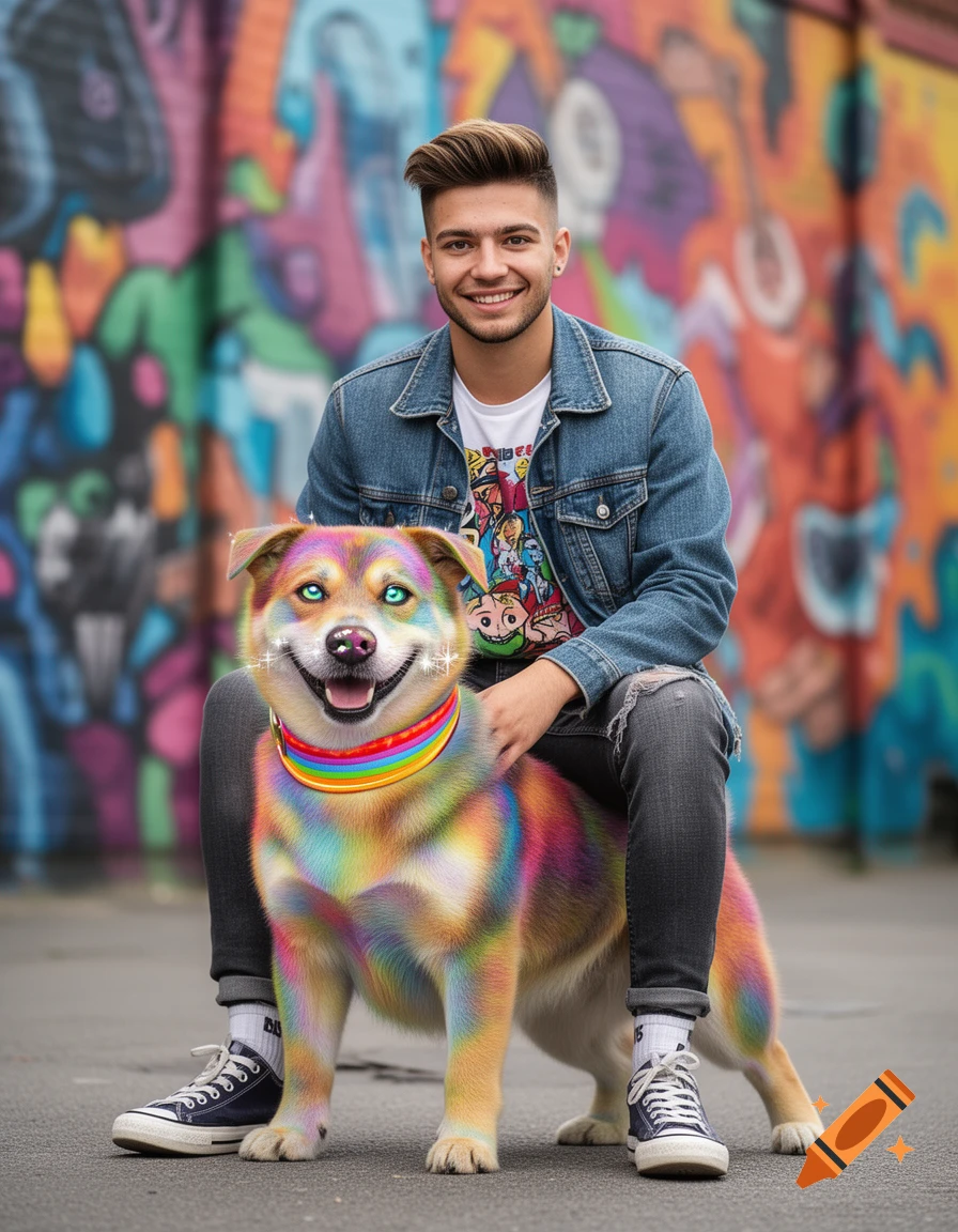 A young man with a denim jacket and a multi-colored T-shirt crouches behind a rainbow-colored dog with glowing eyes, in front of a vibrant graffiti wall.