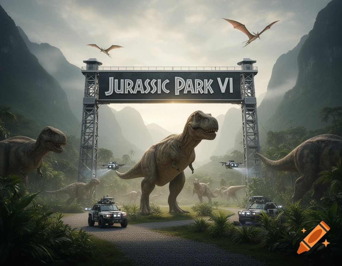 A photorealistic scene showing the Jurassic Park entrance gate with "JURASSIC PARK VI" written on it, surrounded by T-Rexes, pterodactyls, and jeeps in a lush, mountainous jungle.
