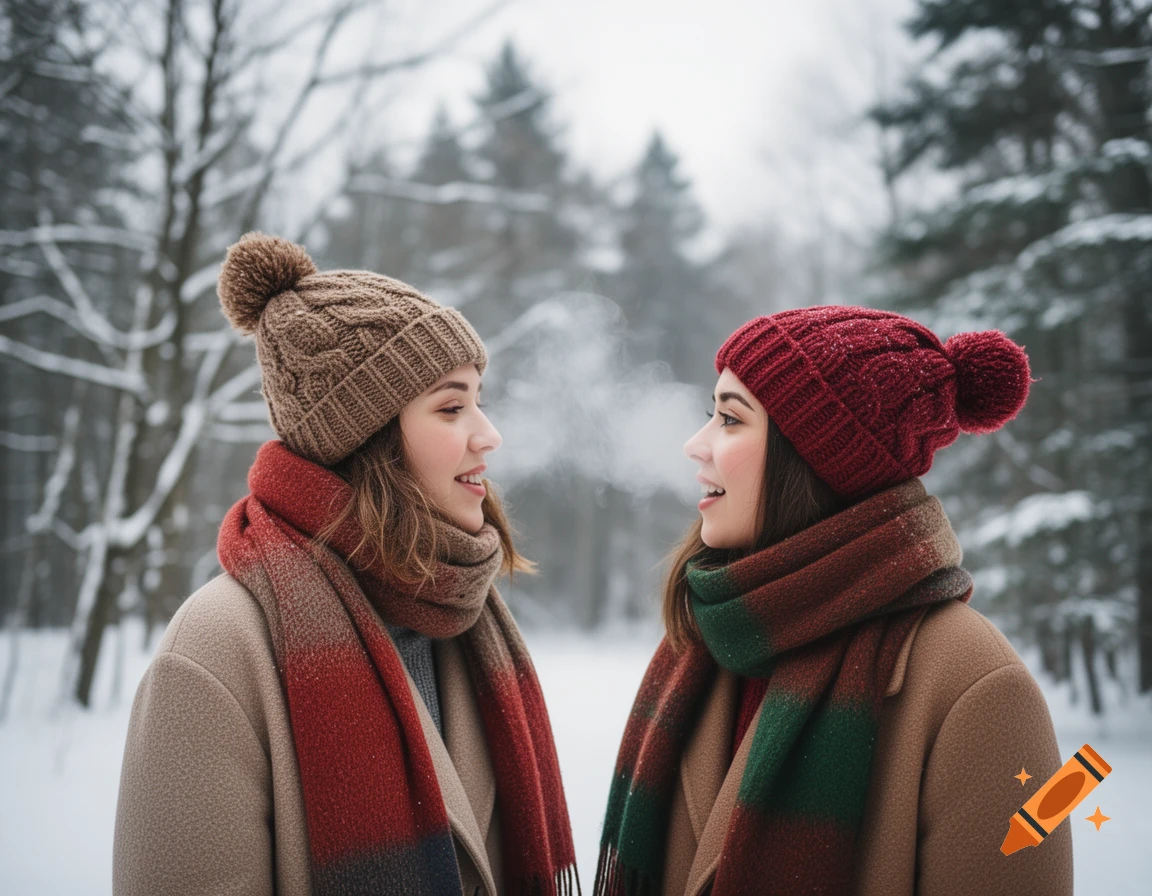 Two young women in winter coats, hats, and scarves stand in a snowy forest, exhaling visible breath.