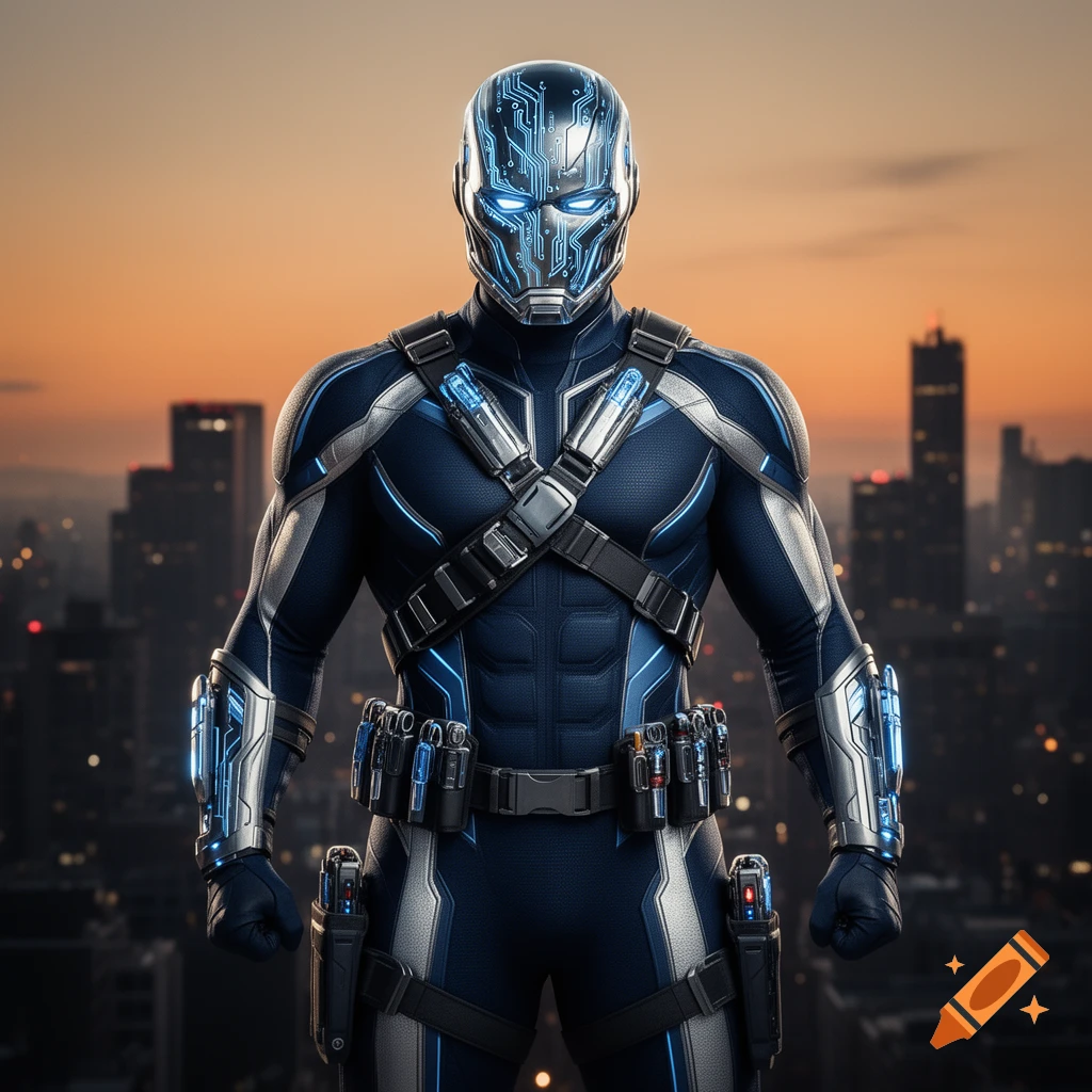 A futuristic superhero in a dark blue and silver suit with glowing circuit patterns on the helmet and armor stands against a cityscape at sunset.