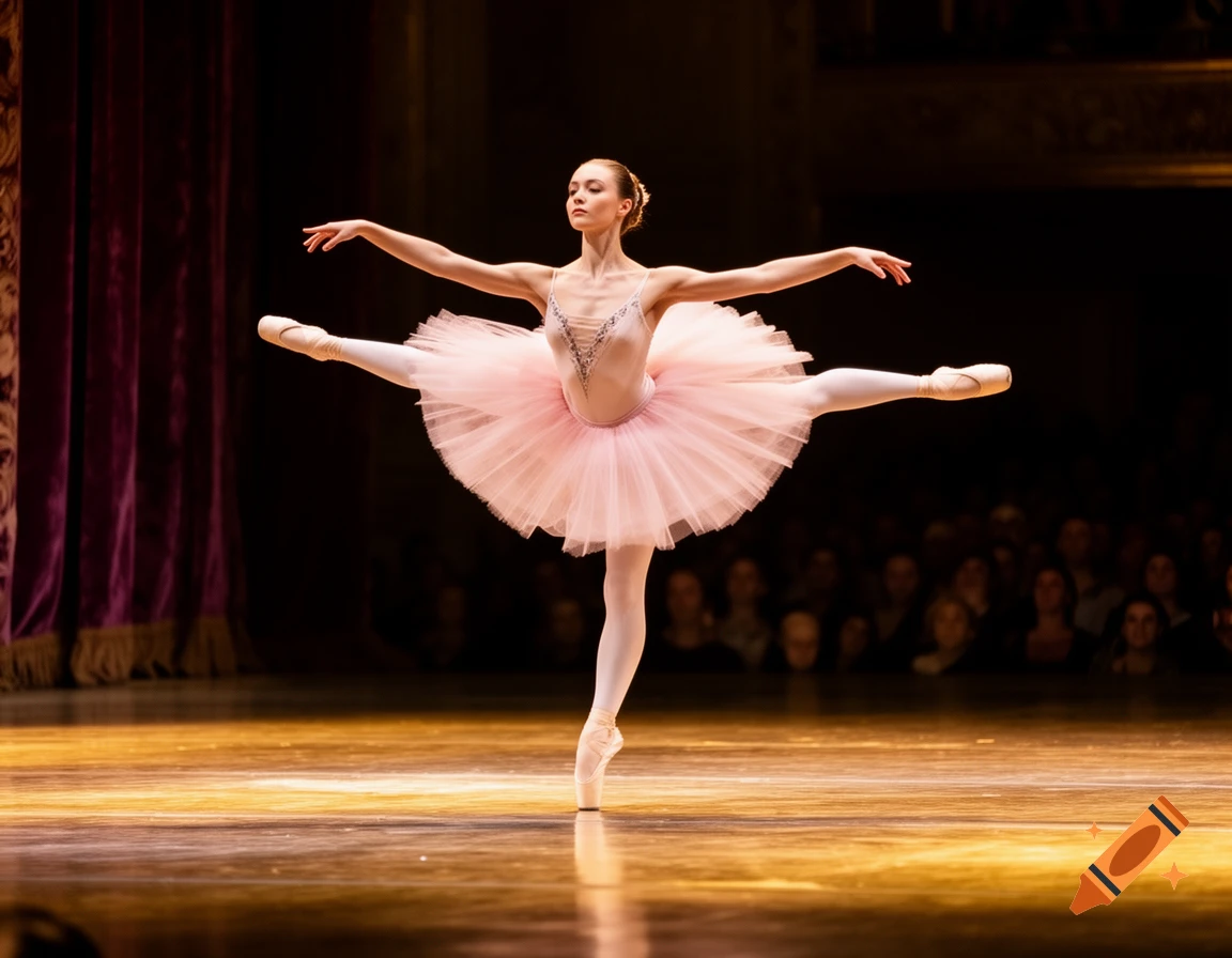 A graceful ballerina in a pink tutu and pointe shoes performs on a spotlighted stage, with a blurry audience in the background.