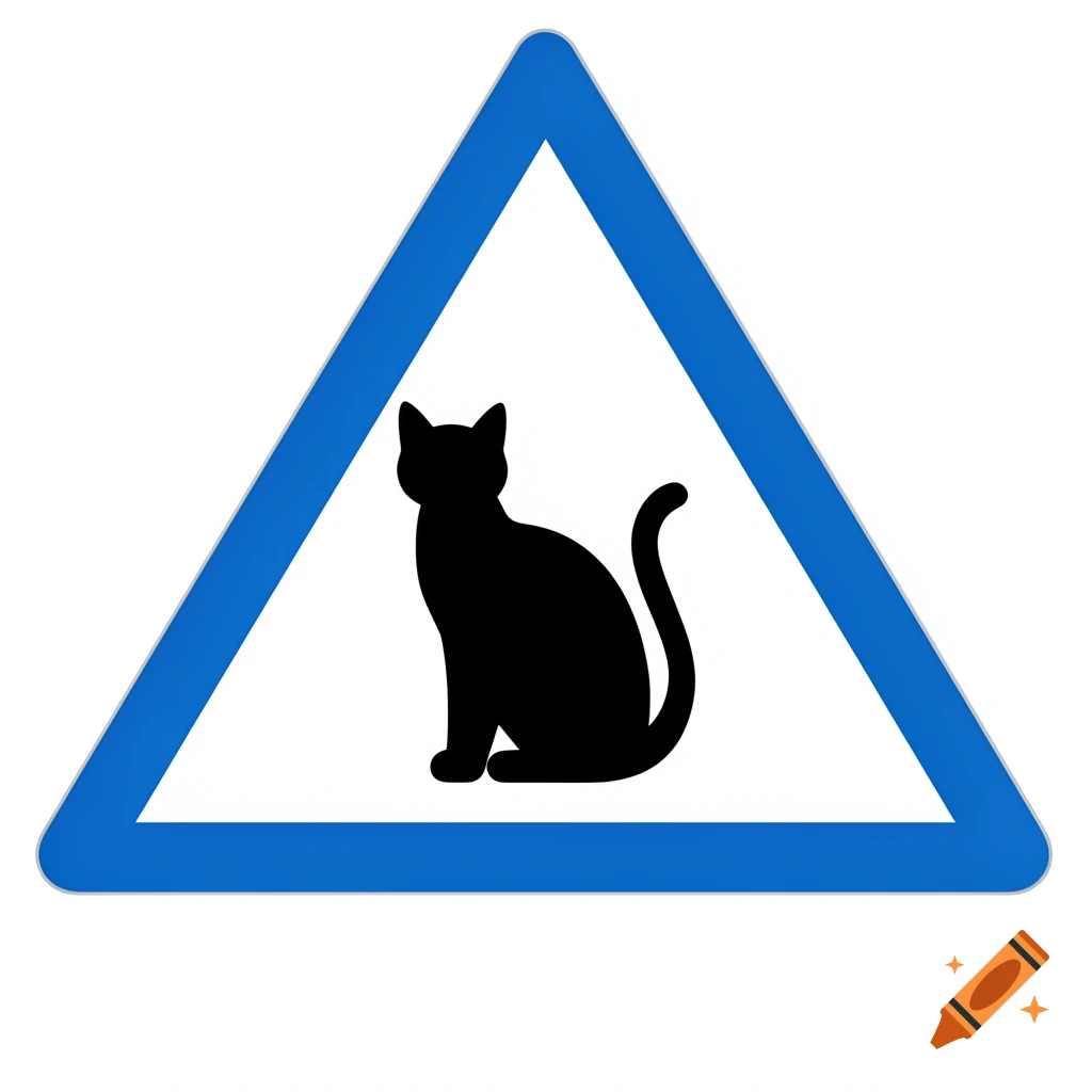 A graphic warning sign with a white triangle and a thick blue border. Inside, a black silhouette of a cat sits facing left.
