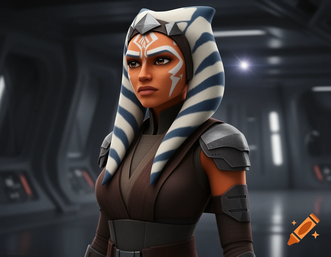 A 3D rendering of Star Wars character Ahsoka Tano in brown and grey armor, set in a spaceship interior.