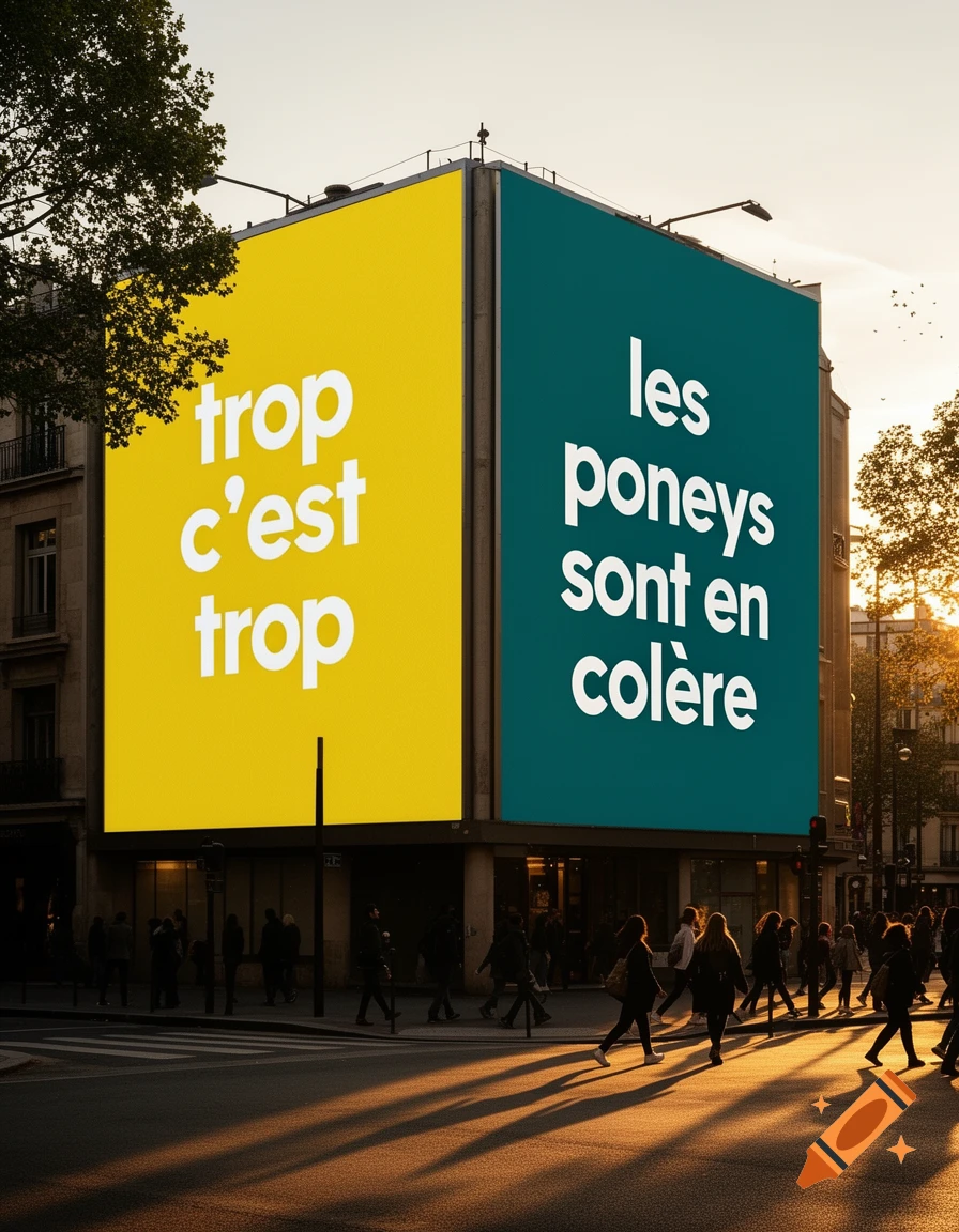 Photorealistic image of a building with two large yellow and teal billboards displaying French text in a city at sunset with people walking on the street.