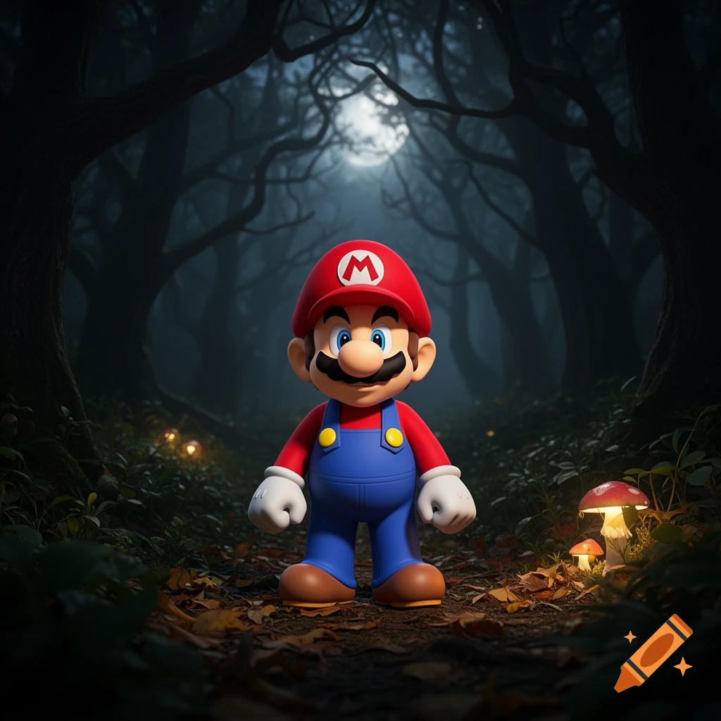 Mario in a dark, atmospheric forest with glowing mushrooms and moonlight, stylized 3D render.