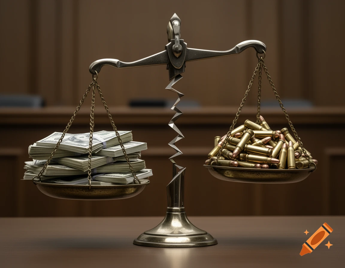 A broken justice scale with stacks of money on one pan and bullets on the other, set in a courtroom. Photorealistic.
