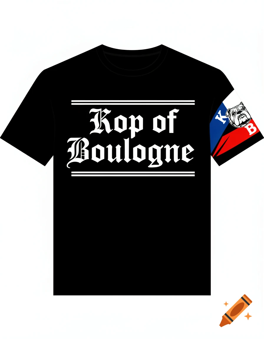Black T-shirt with 'Kop of Boulogne' in white gothic script and a bulldog graphic on a French flag sleeve patch.