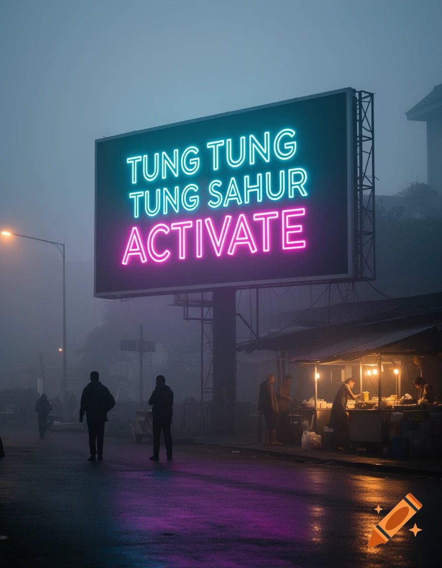 Misty urban night scene with a large neon billboard showing 'TUNG TUNG TUNG SAHUR ACTIVATE', street food stalls, and people.