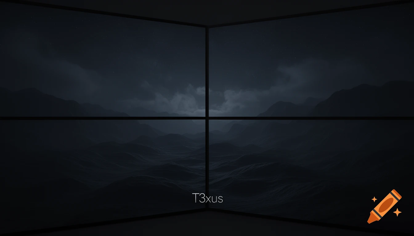 A dark, moody digital landscape showing stormy clouds, mountains, and rough seas, divided by a grid, with 'T3xus' at the bottom.