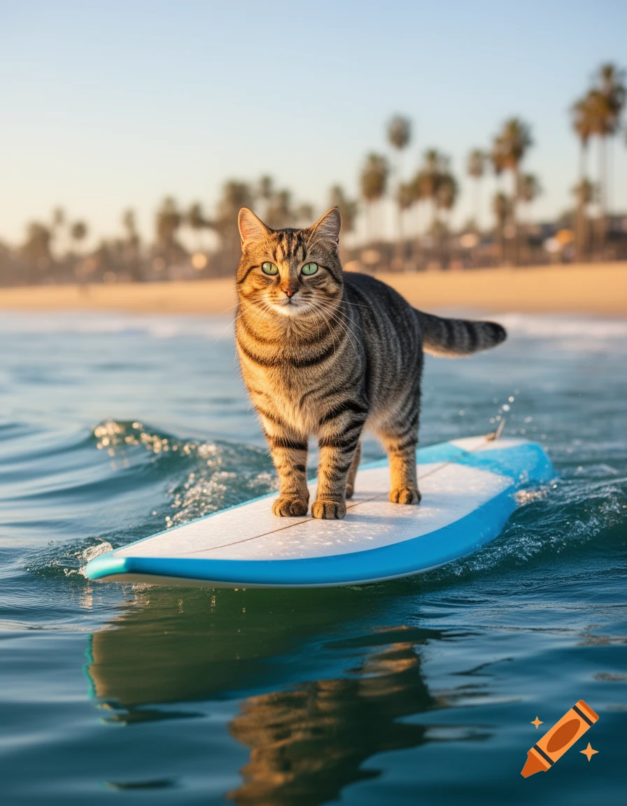 Photorealistic tabby cat with green eyes surfing on a blue and white board in the ocean near a beach with palm trees.