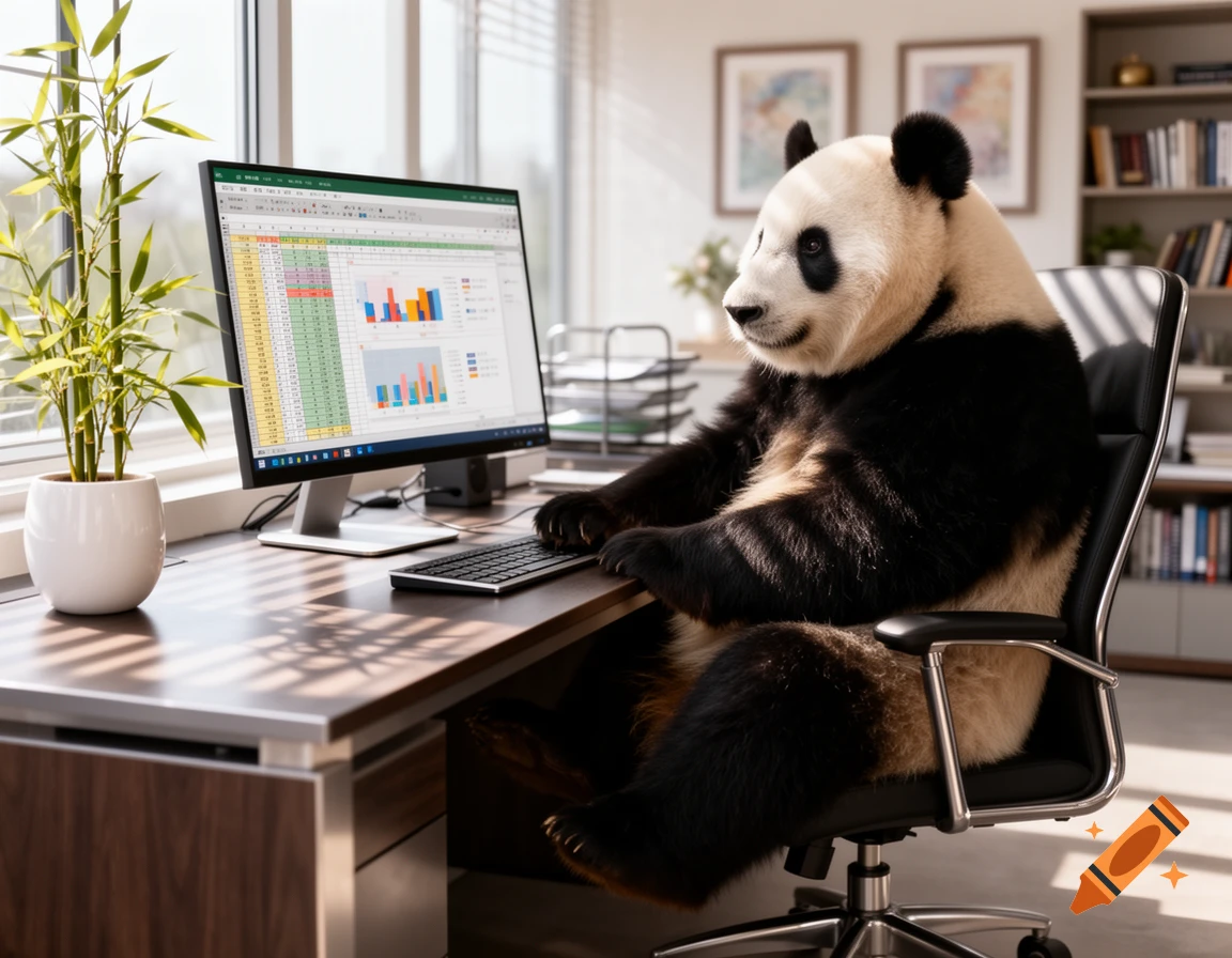 A photorealistic panda sits at an office desk, typing on a keyboard and looking at a computer monitor displaying charts.