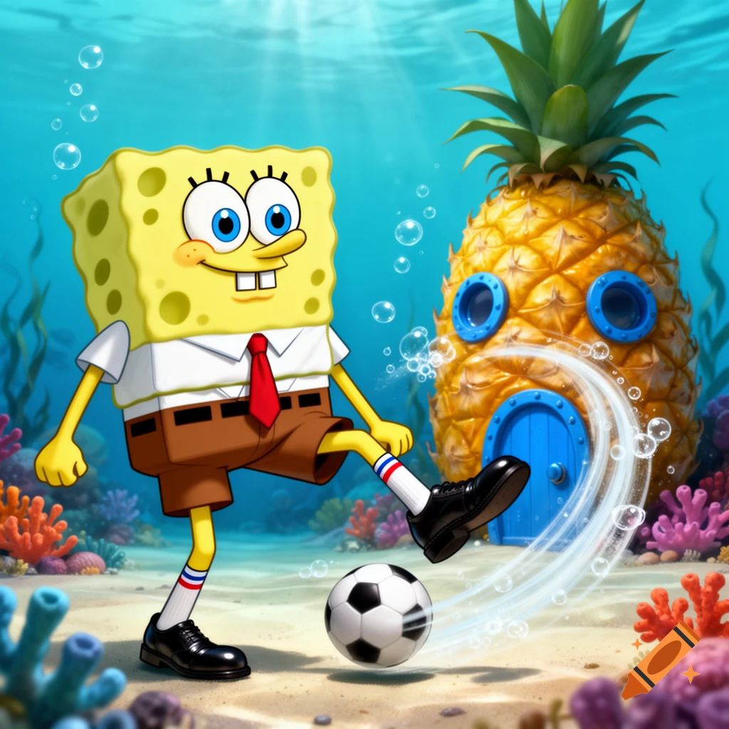 Animated Spongebob Squarepants plays soccer underwater in front of his pineapple house.