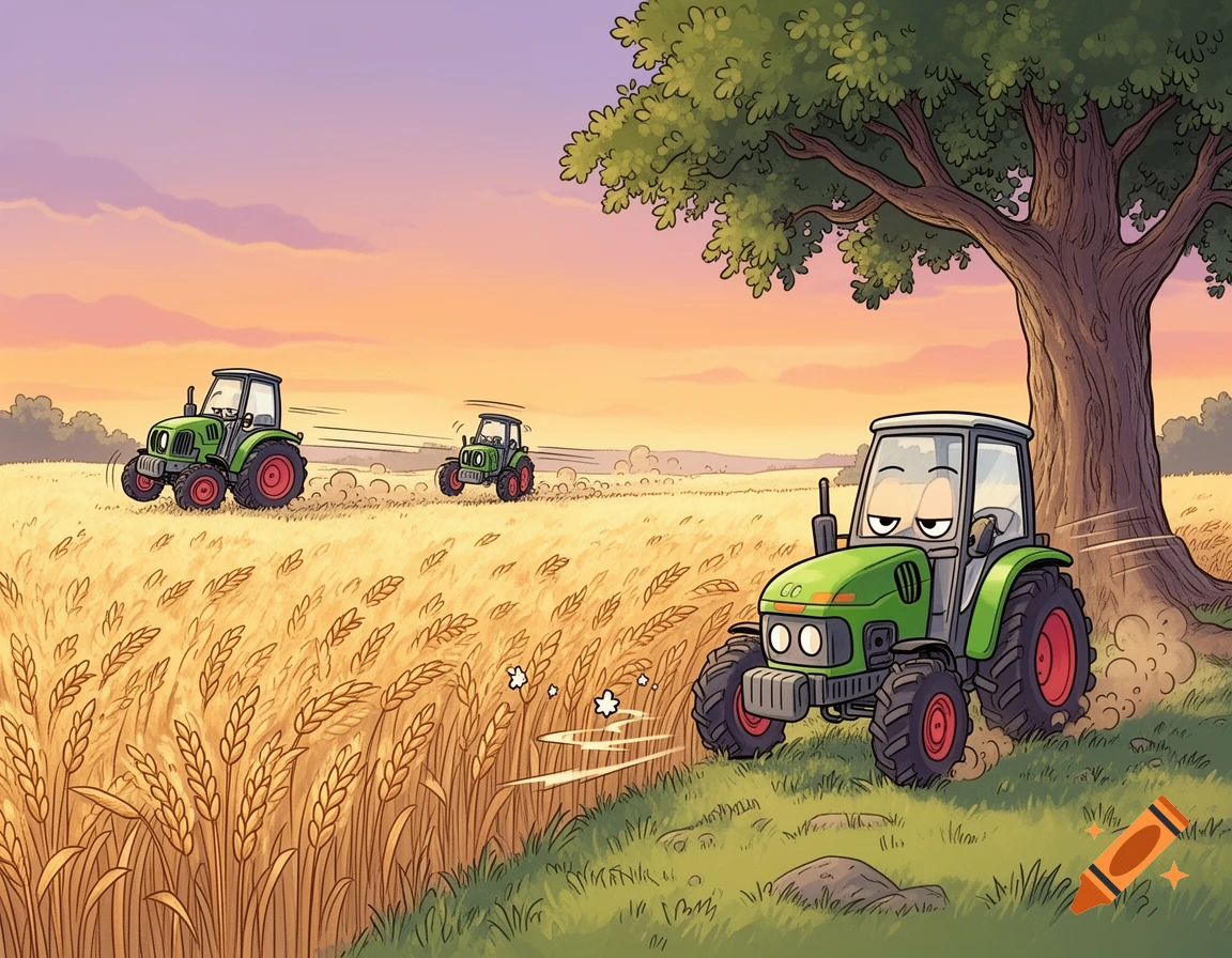 Cartoon green tractors in a golden wheat field at sunset, one stopped by a tree, two moving in the distance.