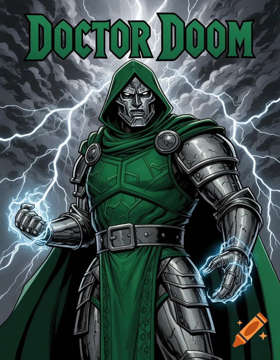 Doctor Doom in full green and silver armor, with a hood and mask, holding glowing energy bolts against a stormy, lightning-filled sky.