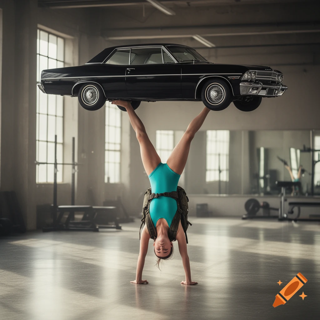 A woman in a teal leotard and backpack performs a handstand, balancing a black vintage car on her feet in a spacious gym.