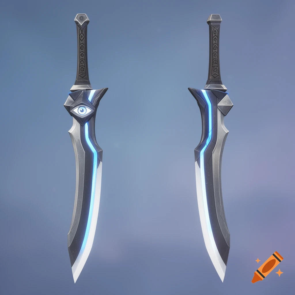 Two stylized fantasy swords with glowing blue details, one featuring an eye design on its hilt, rendered in a 3D art style.