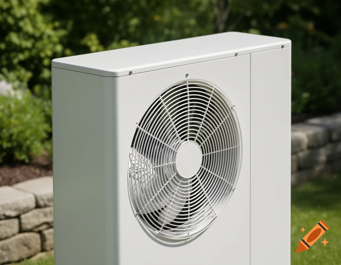 A white outdoor heat pump unit with a fan on a green lawn with bushes and a stone wall in the background.