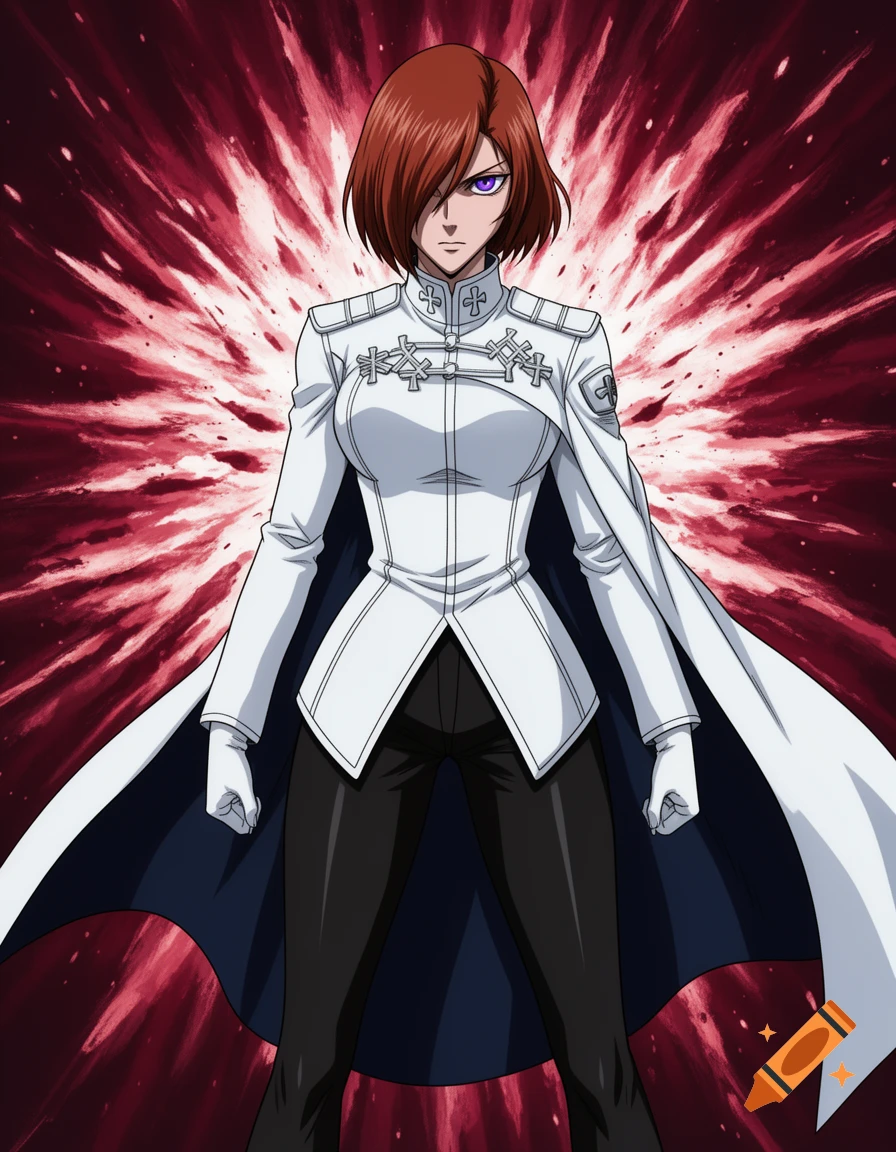 Anime character with short red hair and purple eyes in a white military uniform and black cape against a red, fiery background.