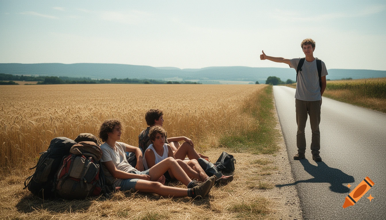 A young man with a backpack stands on a rural road, hitchhiking with his thumb up, while three friends rest on the dry grass beside him, next to piles of backpacks. Golden wheat fields stretch into the distance under a bright sky.