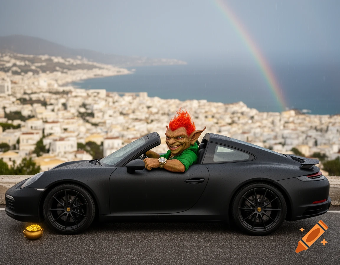 A grinning goblin with red hair drives a matte black Porsche convertible on a scenic road overlooking a city under a rainbow. A pot of gold sits by the car.