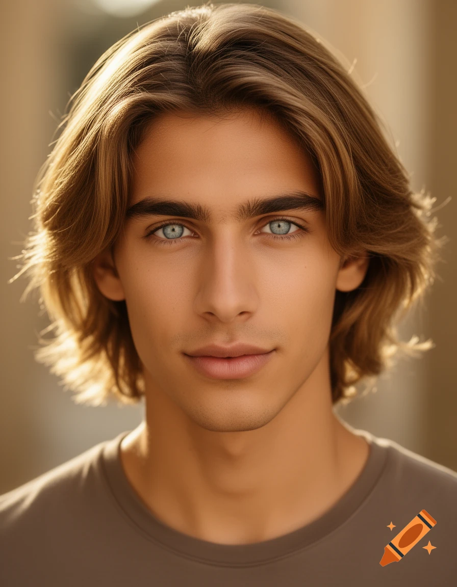 Close-up photorealistic portrait of a young man with shoulder-length golden-brown hair, striking blue-gray eyes, and warm olive skin.