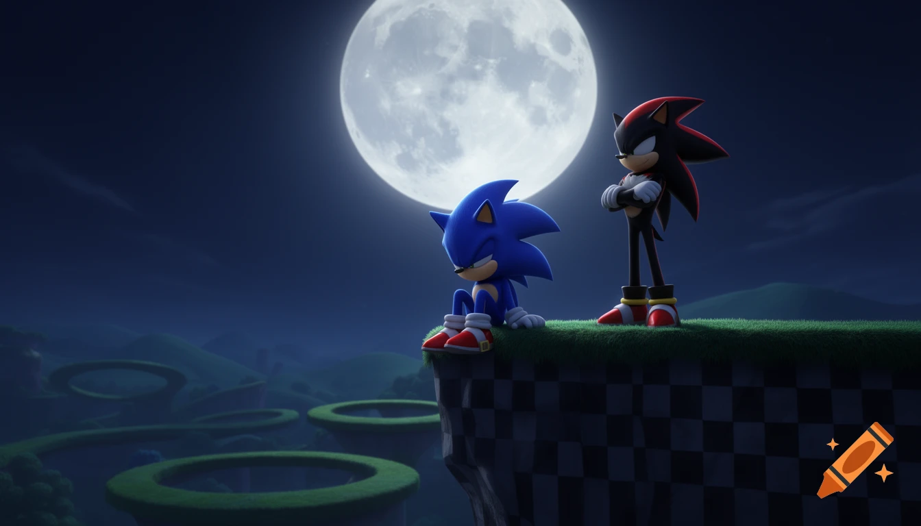 Sonic the Hedgehog sits on a dark checkered cliffside under a full moon at night, while Shadow stands behind him.