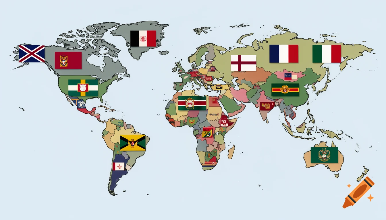 A world map with various flags, some real and some stylized, placed over different continents and countries.