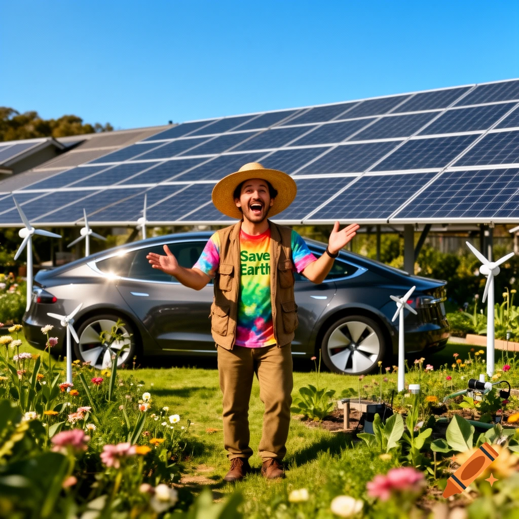 Enthusiastic man in a straw hat and 'Save Earth' t-shirt in a sunny garden with solar panels, windmills, and a Tesla car.