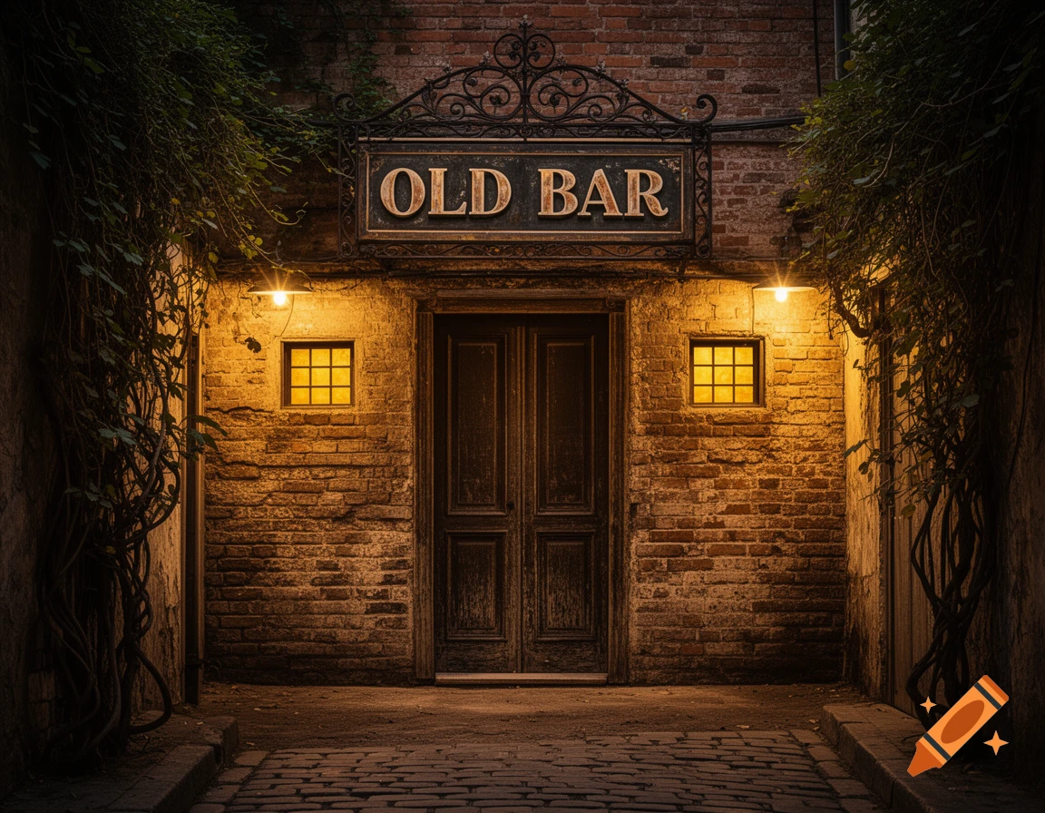 A rustic bar entrance with a sign reading 'OLD BAR' above a dark wooden door, set in a brick wall with ivy, illuminated at night.