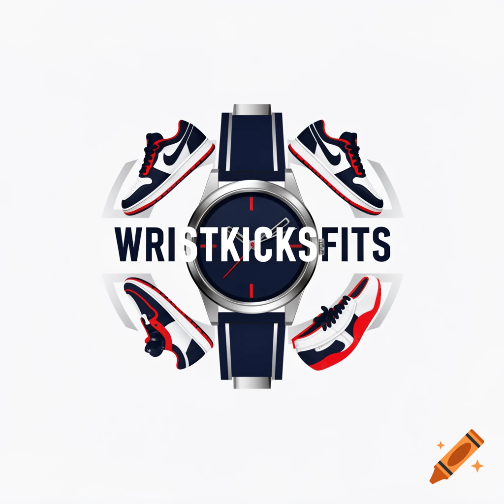 Logo featuring a wristwatch with 'WRISTKICKSFITS' text, surrounded by four athletic sneakers in white, red, and blue.