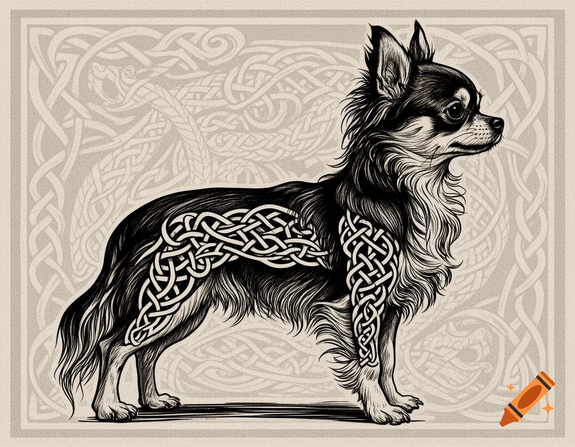 A stylized black and white long-haired Chihuahua in profile, featuring intricate Celtic knot patterns on its body and a matching background.