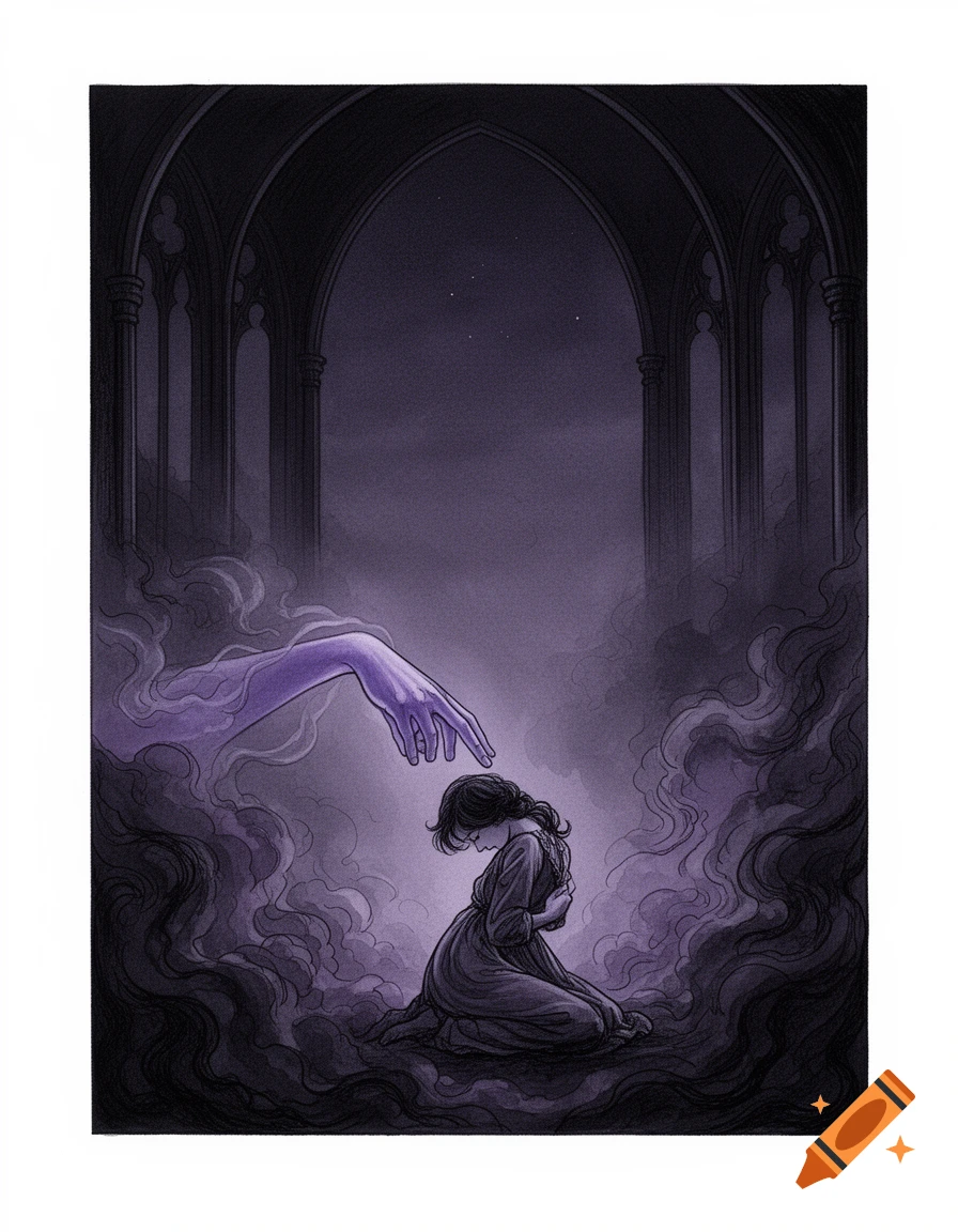 A kneeling figure in a dark gothic archway is gently touched by an ethereal purple ghostly hand amidst swirling mist. Fairytale illustration.