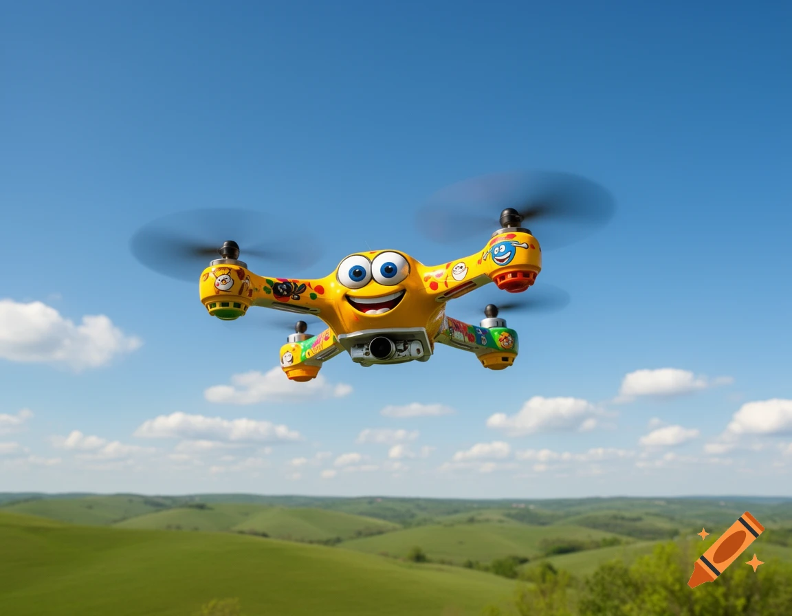 A cheerful, yellow cartoon drone with big blue eyes and a wide smile flies against a blue sky over green rolling hills.