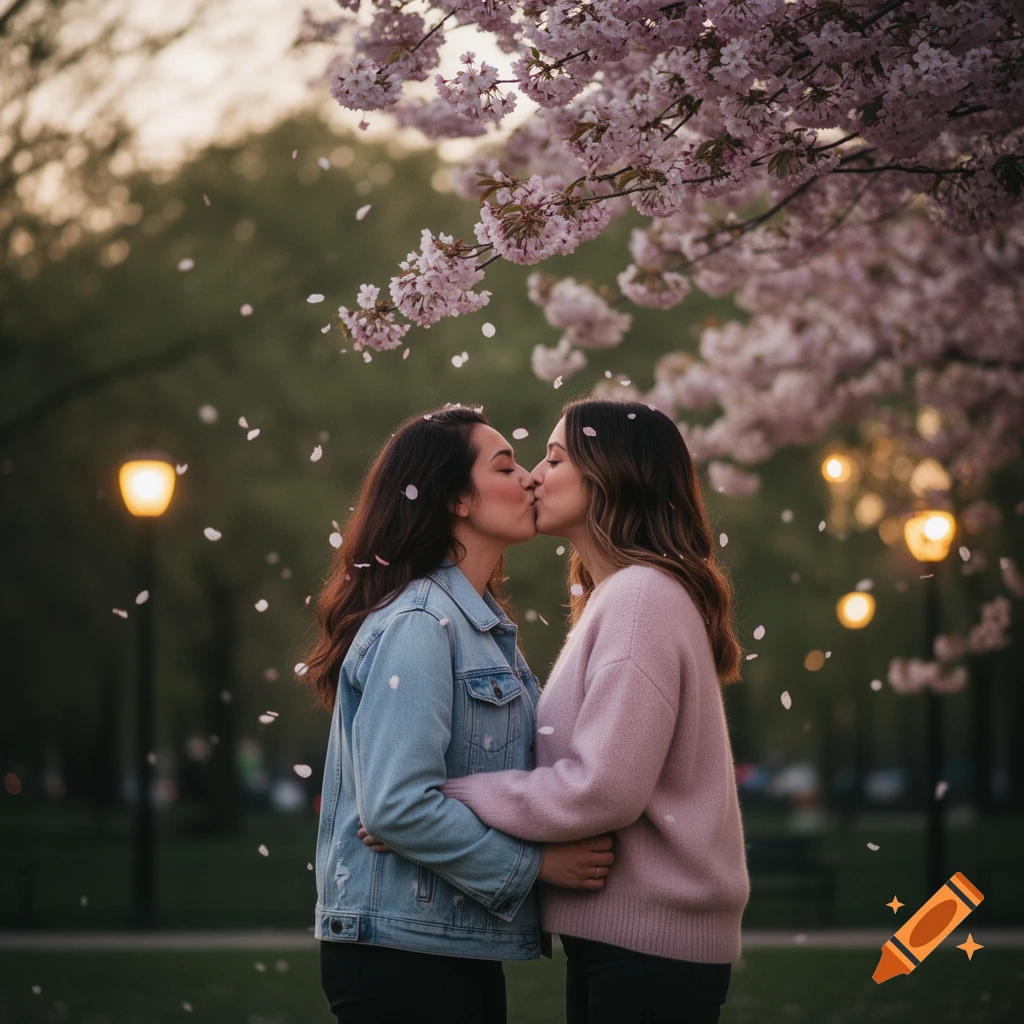 Two women kiss under a cherry blossom tree with falling petals and glowing streetlights at dusk in a park.