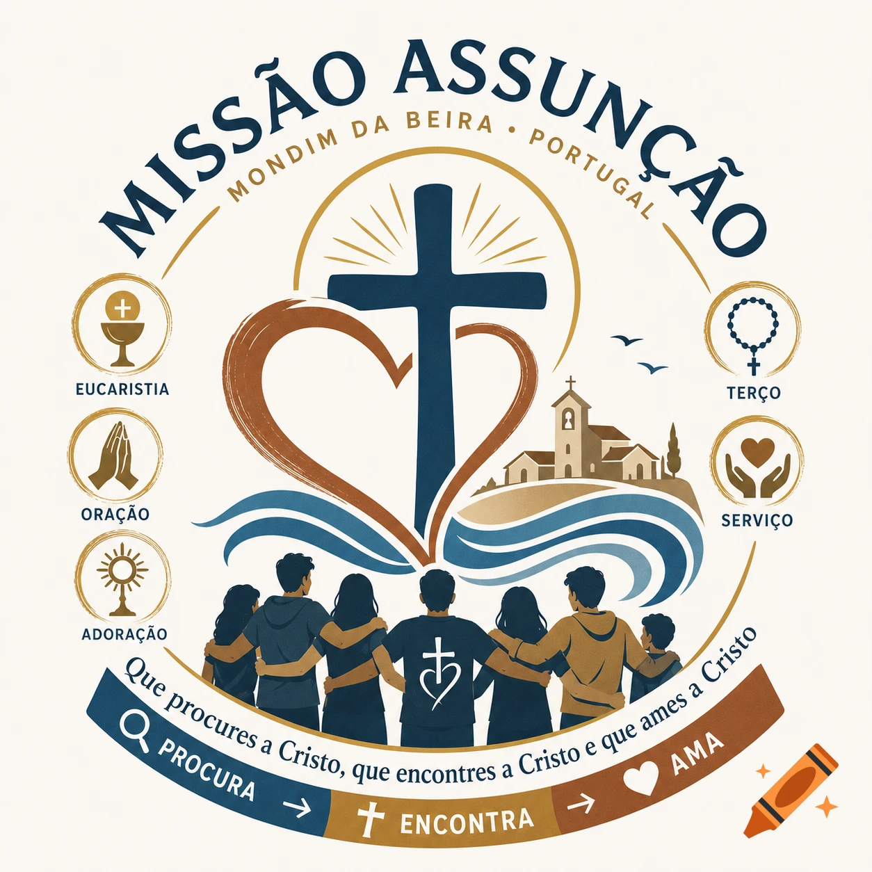 An illustration for "Missão Assunção" featuring a cross and heart above waves, a church, and people embracing. Circles depict Eucaristia, Oração, Adoração, Terço, and Serviço.