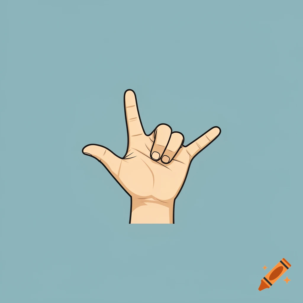 A stylized cartoon hand on a blue background forms the 'I love you' sign, with thumb, index finger, and pinky extended.