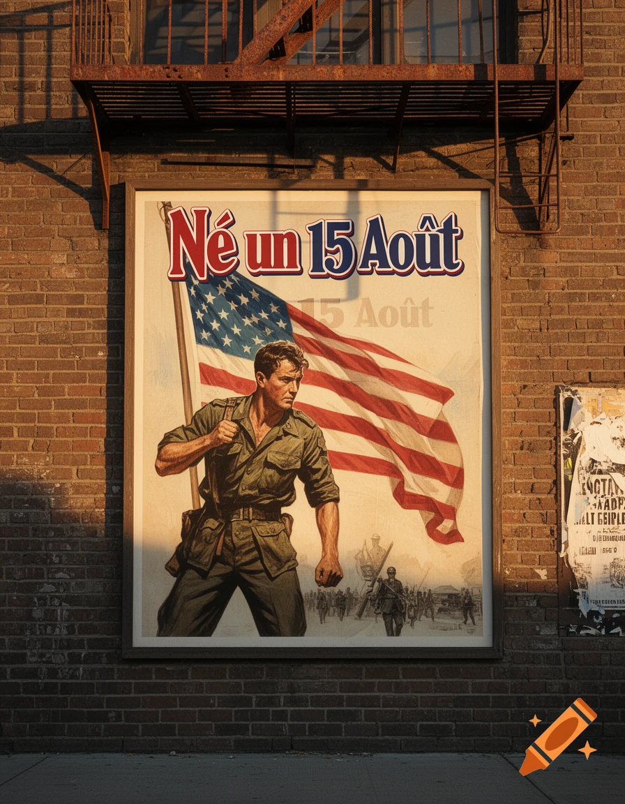 A vintage-style military poster featuring a soldier holding an American flag with text "Né un 15 Août" is affixed to a brick wall.