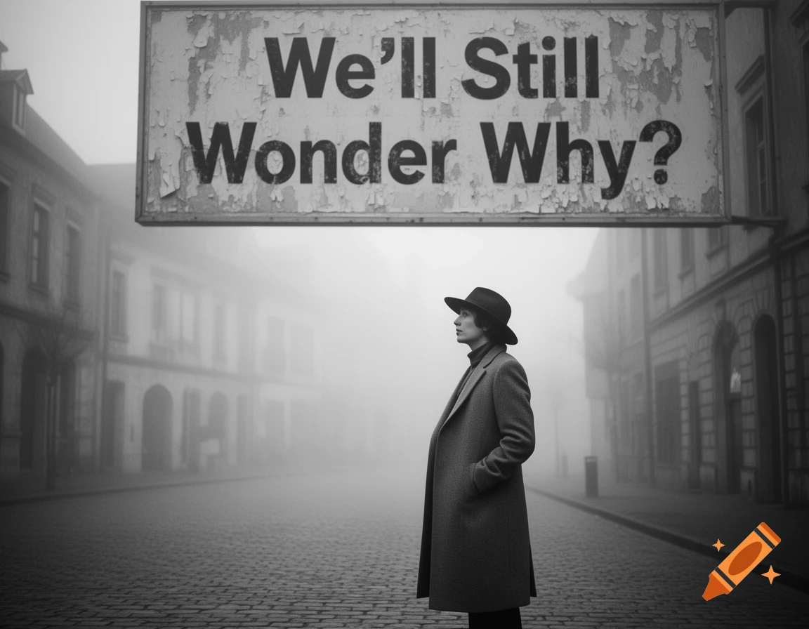 A person in a fedora and trench coat stands on a foggy cobblestone street under a sign that reads "We'll Still Wonder Why?"
