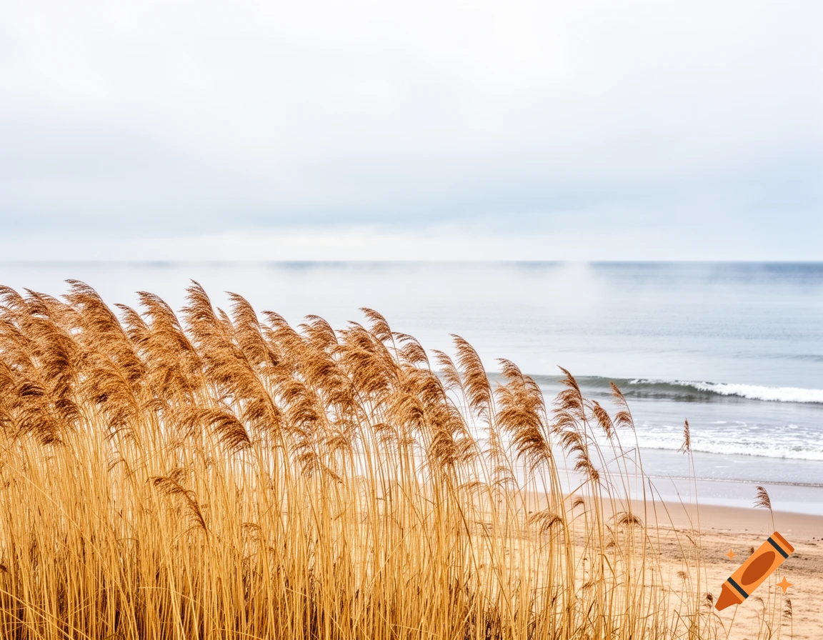 Golden-brown reeds swaying in the foreground of a sandy beach, with a calm, hazy sea and cloudy sky in the background.