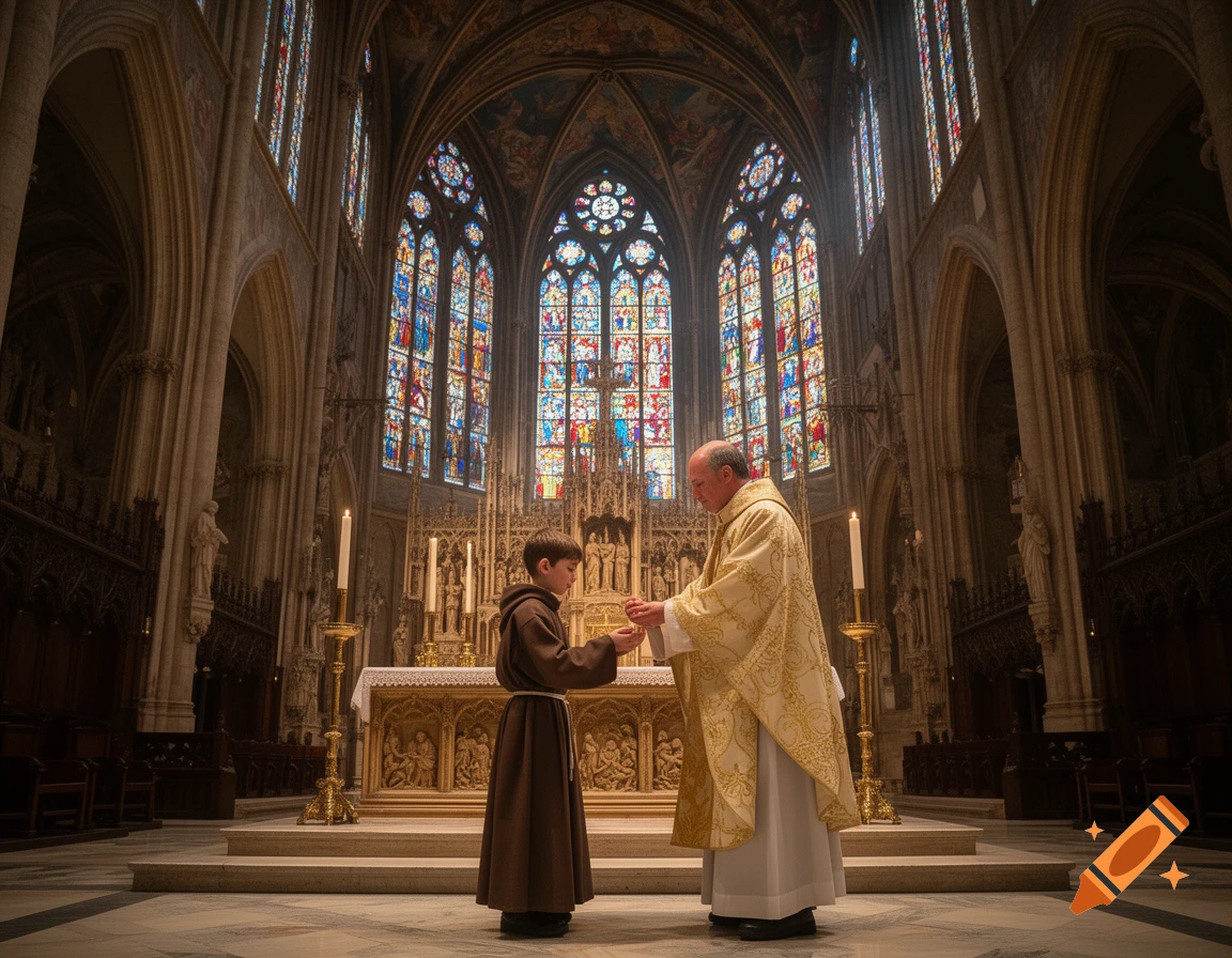 A priest administers communion to a boy in a grand, sunlit cathedral with stained glass windows.