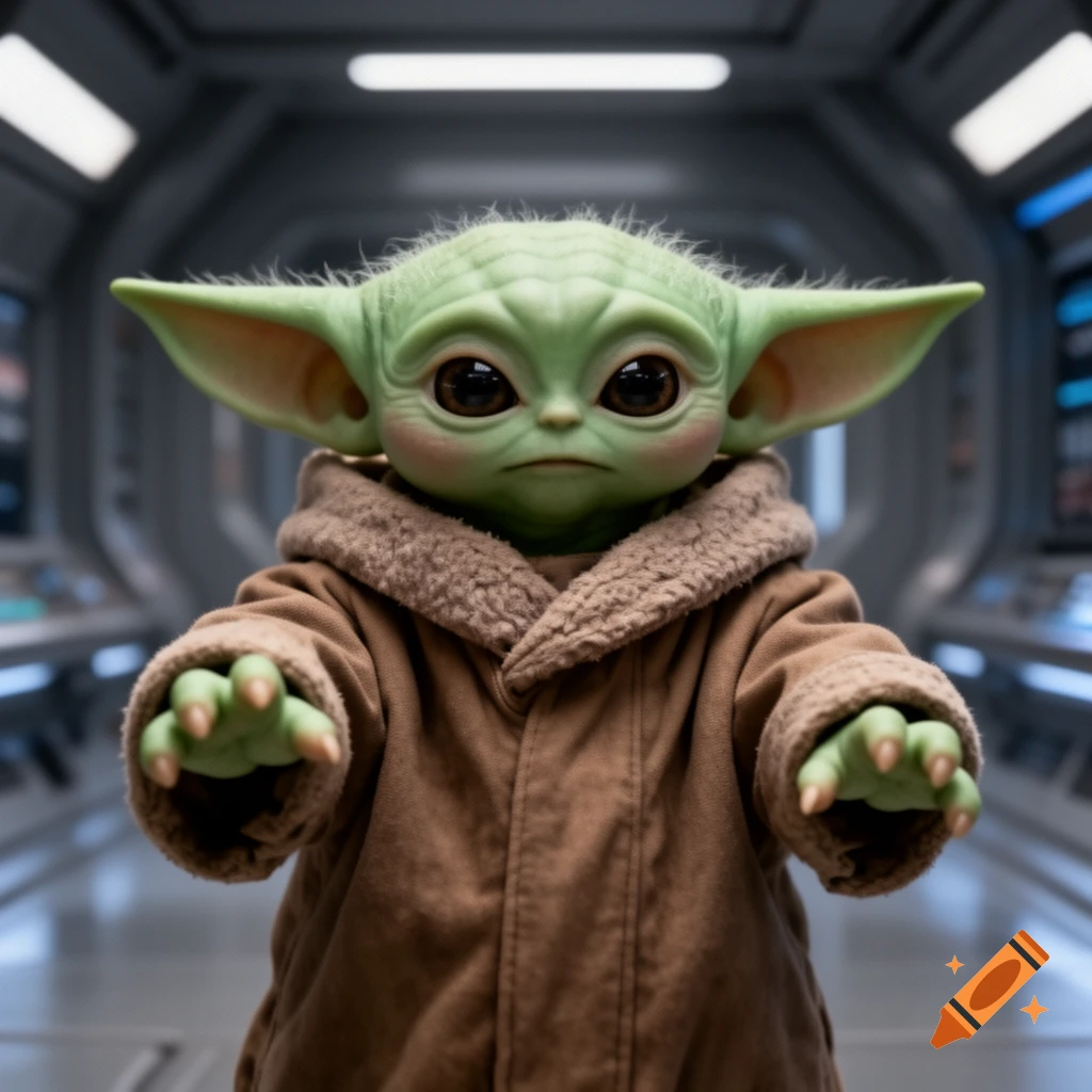 Close-up, photorealistic image of Grogu with large ears and a brown coat, extending both hands forward in a spaceship interior.
