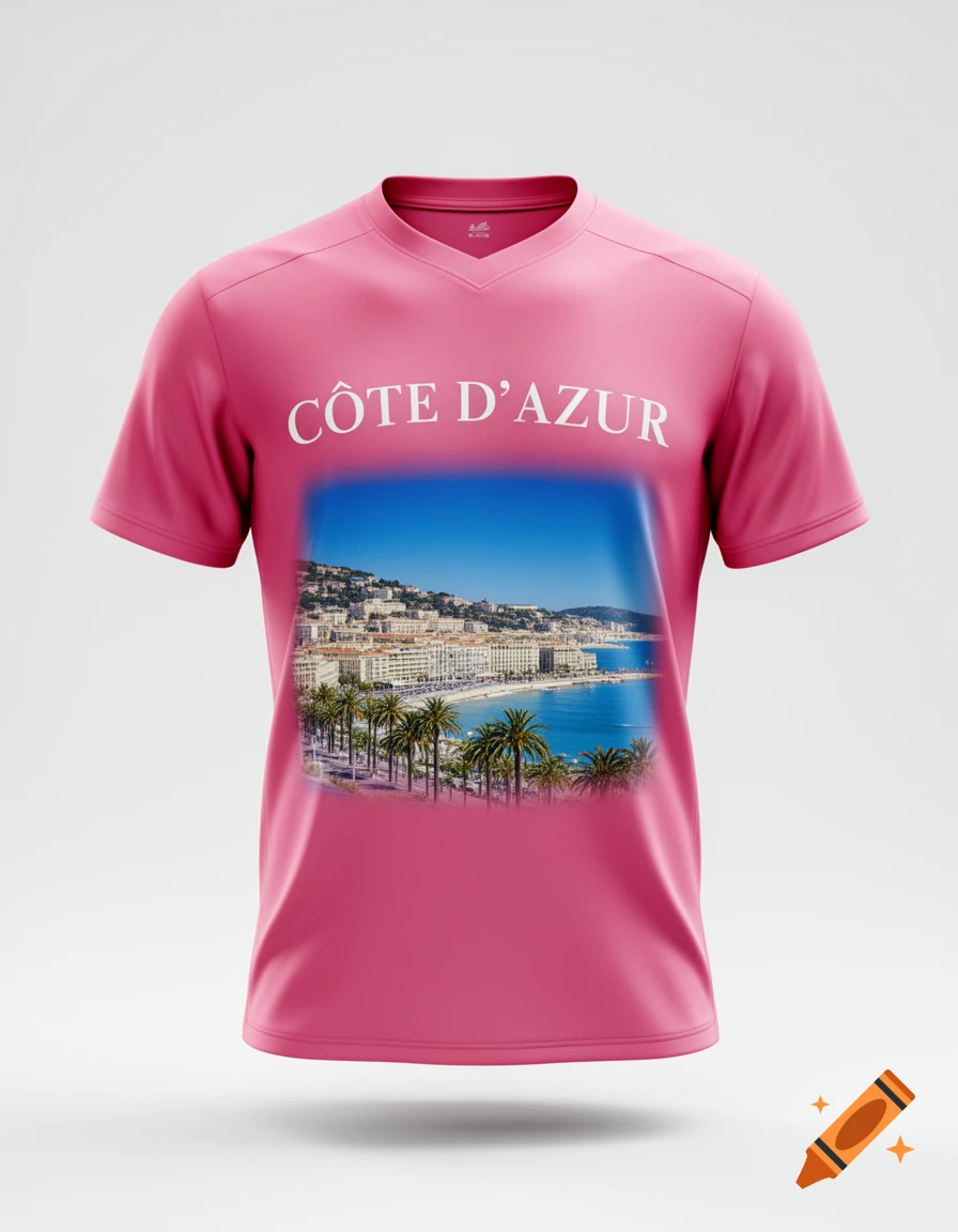 Pink t-shirt with 'CÔTE D'AZUR' text and a scenic view of a coastal city with palm trees and buildings.
