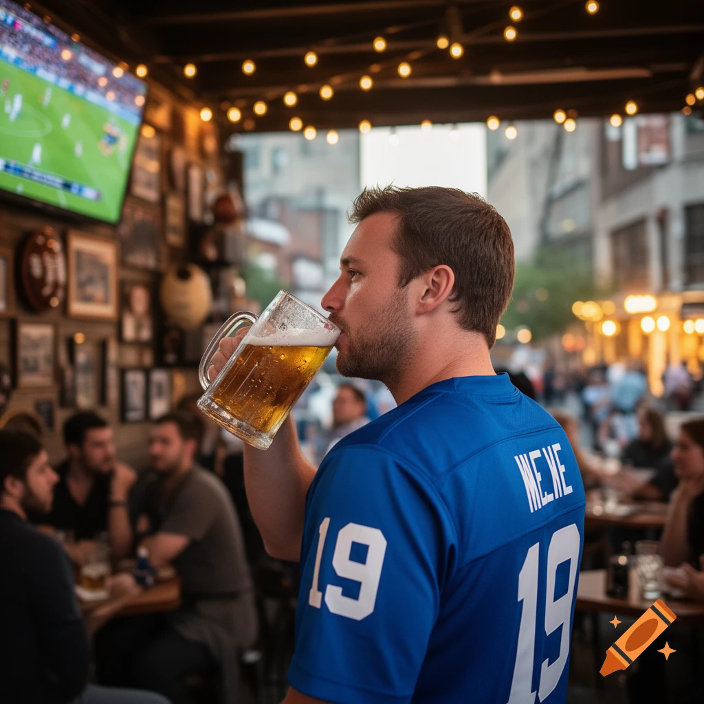 A man in a blue sports jersey with "19" and garbled text on the back drinks a large mug of beer in a lively bar with a TV showing sports.