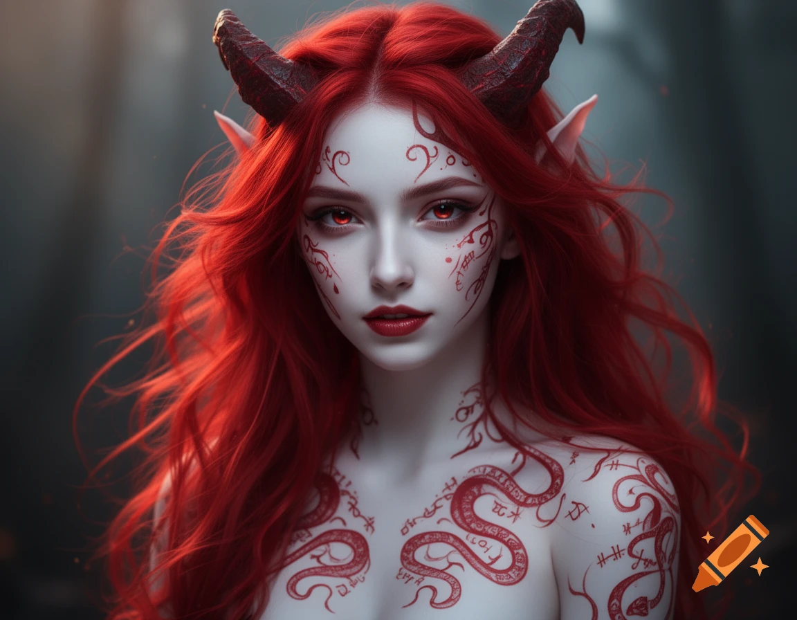 A pale-skinned demon girl with long flowing red hair, red eyes, small horns, and intricate red runic tattoos on her face and shoulders, looking directly forward.