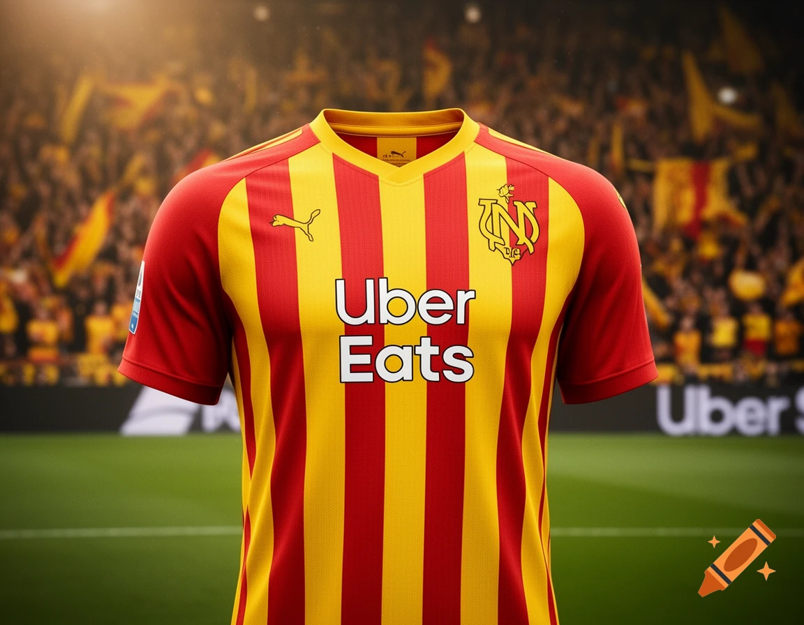 A red and yellow striped soccer jersey with "Uber Eats" as the sponsor, a Puma logo, and a stylized team crest, against a blurry stadium background.