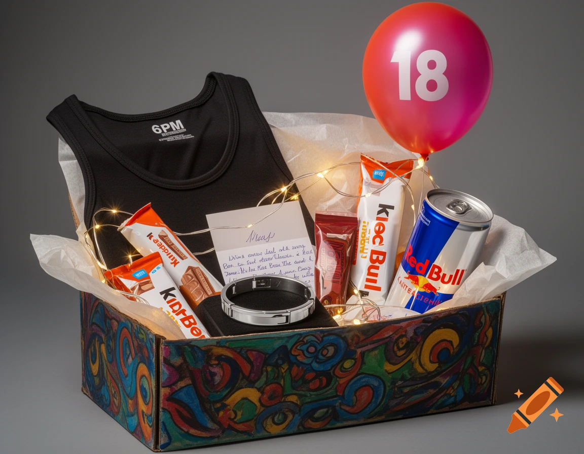 A colorful gift box filled with an 18th birthday balloon, a black tank top, Kinder chocolate bars, Red Bull, a silver bracelet, a handwritten note, and fairy lights.