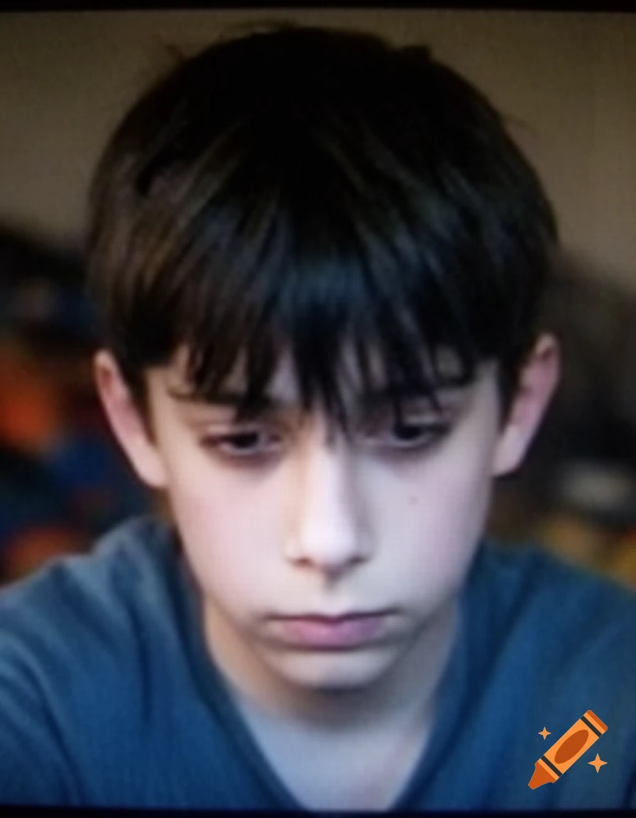 A young boy with dark hair covering his face looks down sadly, depicted in a low-quality, 2000s webcam style.